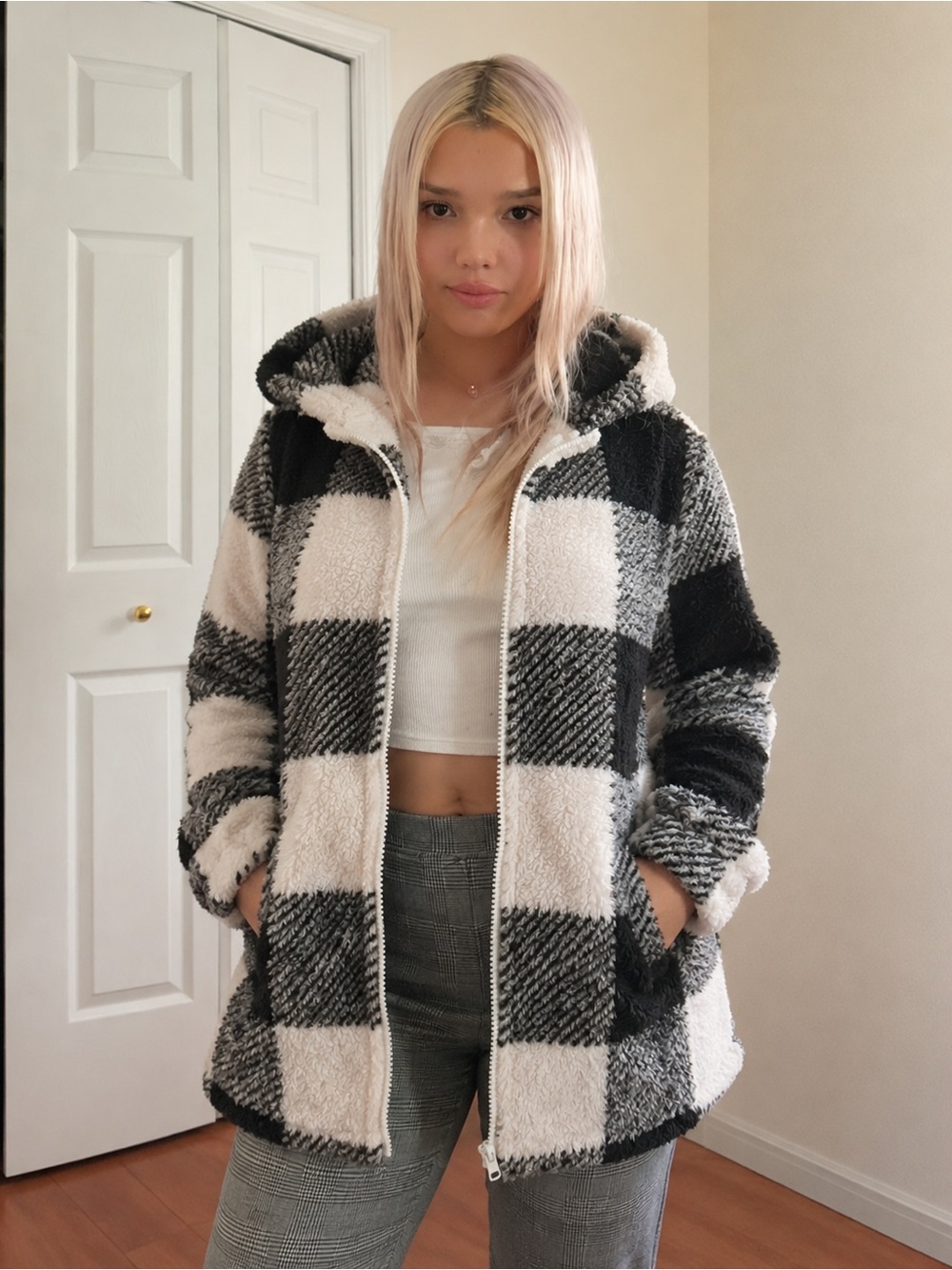 Cozy Hooded Buffalo Check Sherpa Jacket - Black & White